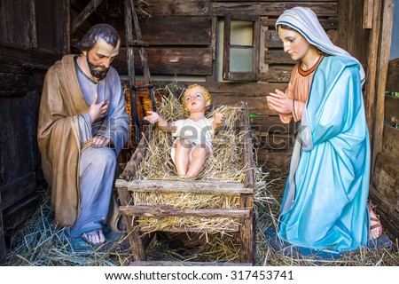 Christmas nativity scene represented with statuettes of Mary, Joseph and baby Jesus