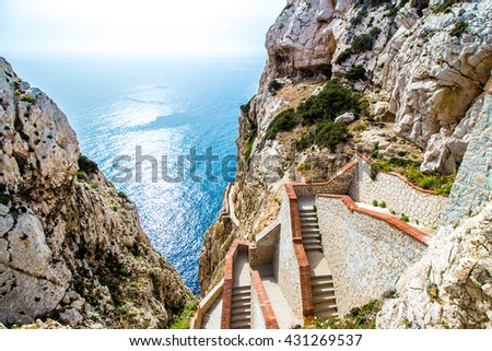 The stairway leading to the Neptune\'s Grotto, in Capo Caccia cliffs, near Alghero, in Sardinia, Italy