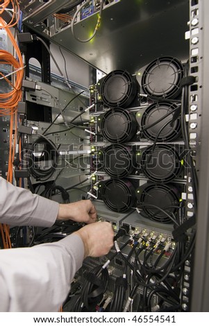 Rack of computer network equipment, rear view