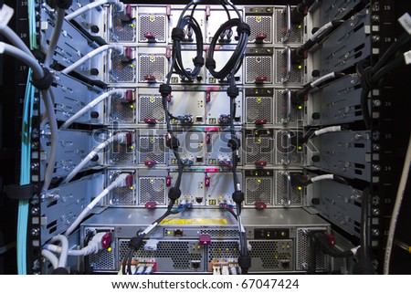 Rack of computer network equipment, rear view