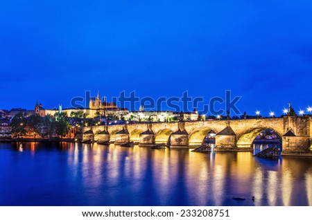 The night view of Charles Bridge over Vltava River in Prague, Czech Republic