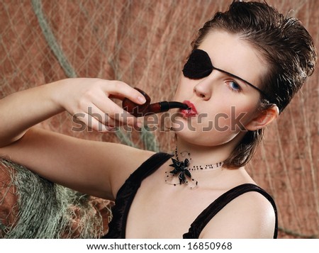 cute female pirate in black dress with a eye patch, smoking a pipe