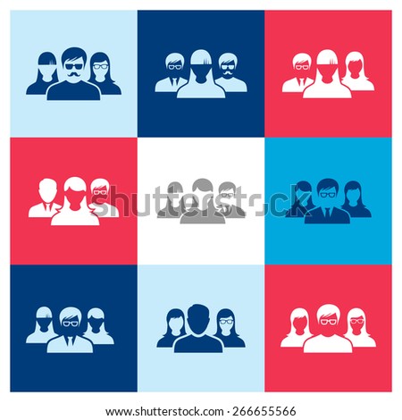 Flat user group icons set. social network, community, family, friends, management, human resources, business persons and users. Vector icons set.