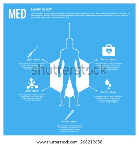 Medical, health and healthcare icons and data elements, Medical infographics black Icon pointing polygon hexagon human male full body all icon with detail description Blue Background