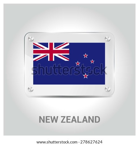 Vector New Zealand Flag glass plate with metal holders - Country name label in bottom - Gray background vector illustration