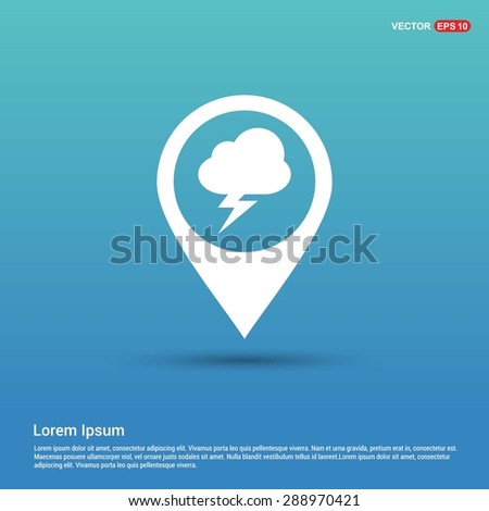 thunderstorm weather icon - abstract logo type icon - white icon in map pin point showing forecast office blue background. Vector illustration