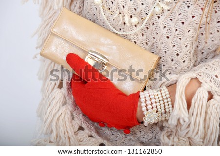 Elegant woman hand with purse and red gloves