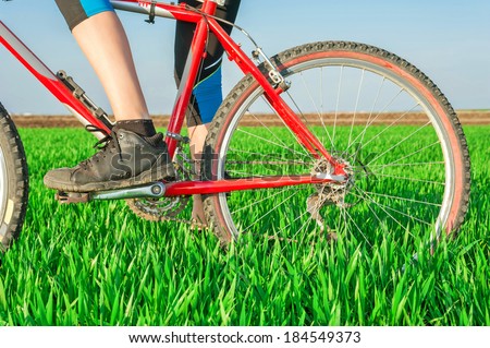Cropped view of female cyclist feet on the pedal and bicycle back wheel