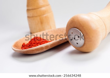 Sweet paprika dust Isolated on White Background in wooden spoon