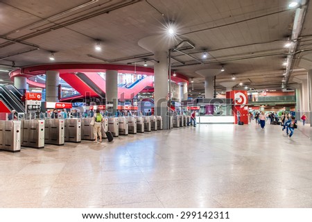 MADRID SPAIN - JUNE 23, 2015: Metro station entrance turnstiles. Madrid Metro is among seven longest metro systems in the world.