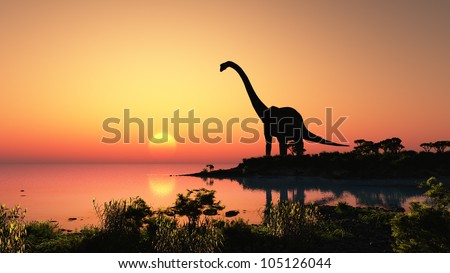 Giant dinosaur in the background of the colorful sky.