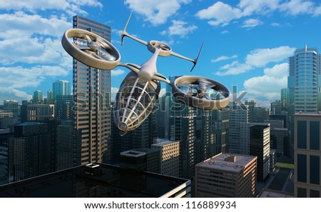 The aircraft of the future  on a background a city