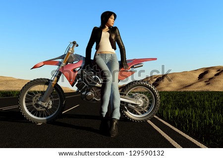 A girl and a motorcycle on the road.