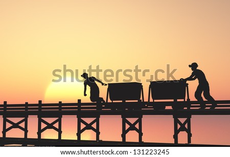 Two miners with a cart.