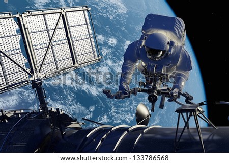 Astronaut in space around the solar battarei.