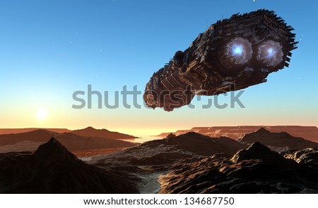 Spacecraft over the mountainous terrain of the planet Spacecraft over the mountainous terrain of the planet