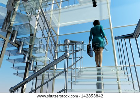 Business woman rises on the glass stairs.