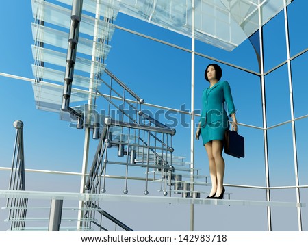 Business woman rises on the glass stairs.
