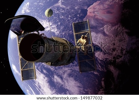 The space telescope in space on background of the planet.\