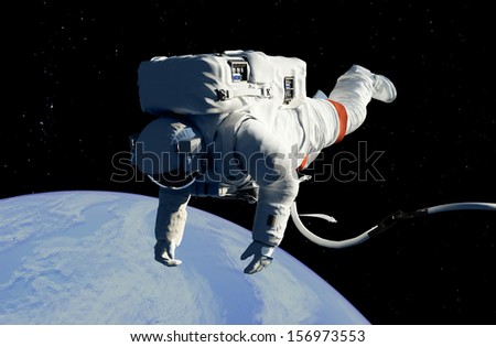 Astronaut in space against a starry sky.\