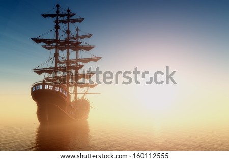 Old Ship With Sails In The Mist.