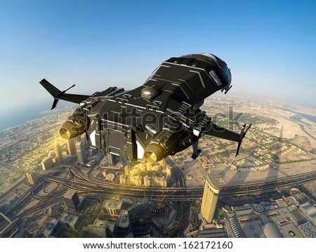 space vehicle on a background a city