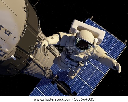 Astronaut in space around the solar battarei.\
