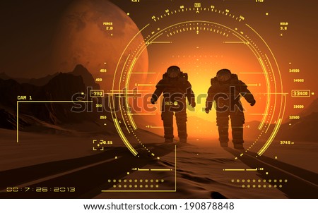 Tables and silhouette of the astronauts on the background of the sunset.