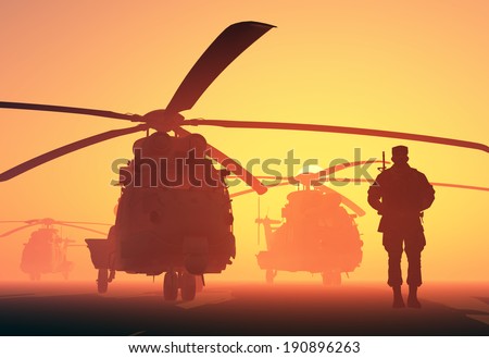 A group of military helicopters and the silhouette of a soldier.