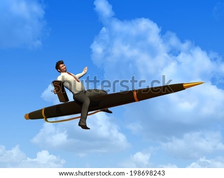 Businessman flying on a pencil.