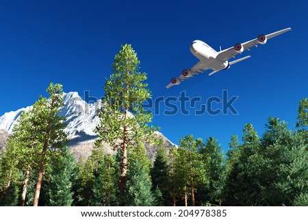 Passenger plane over a forest.