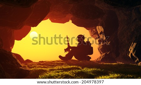 Silhouette of a soldier in a cave.