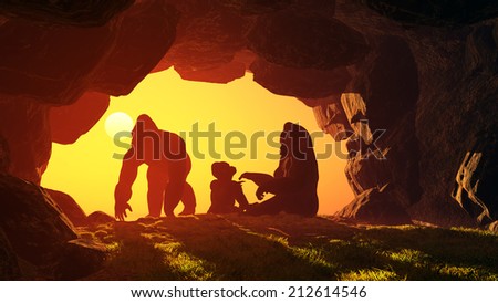 Group of gorillas in the cave.