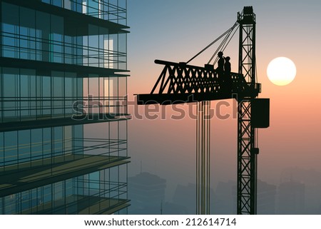 Group of the builders on the building crane