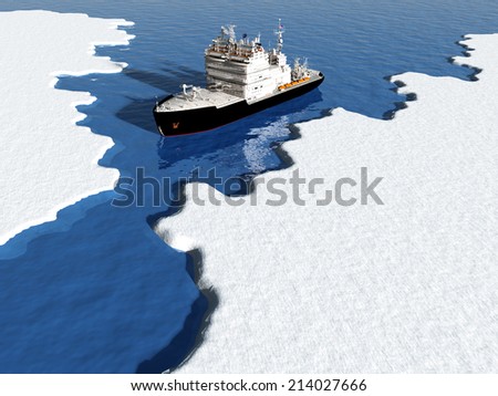 Icebreaker ship on the ice in the sea.