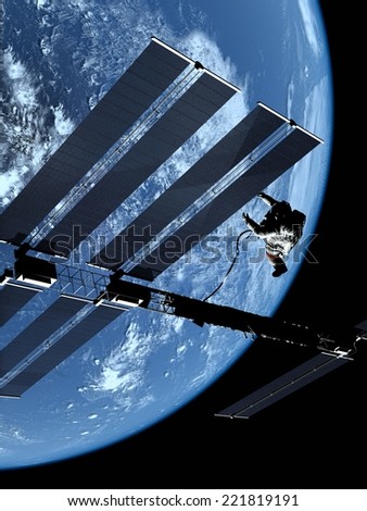 Astronauts in space around the solar battarei.\