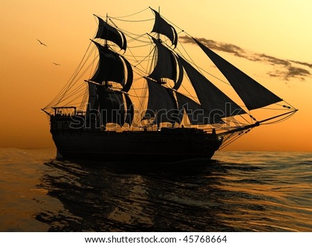 The ancient ship in the sea