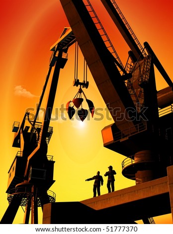 Group of the builders on the building crane