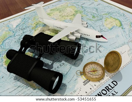 Binoculars, compass and a model airplane on the map.