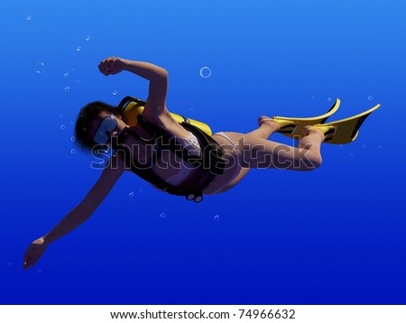 Girl with a diving under the water on a blue background.