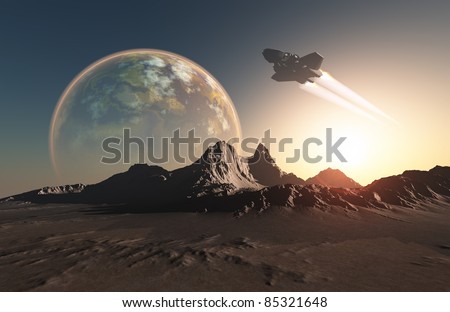 Spacecraft over the mountainous terrain of the planet.