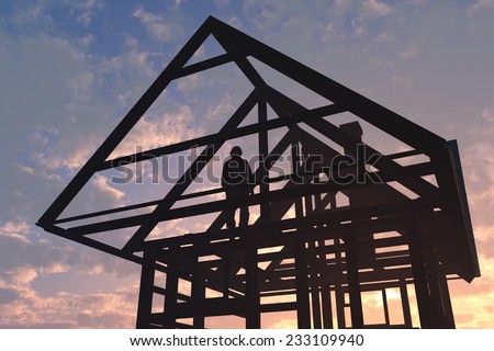 Silhouette of construction of a wooden house