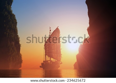 Old boat with sails on a colorful background lanshafty.