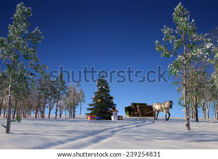 Christmas tree and a horse in the forest.