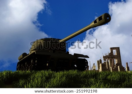 Tank and ruined house on sky background.