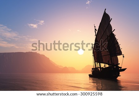 Old boat with sails on a colorful background lanshafty.