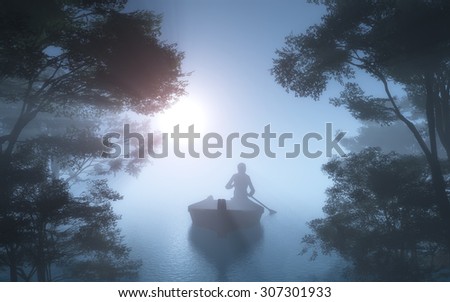 Silhouette of a man in a boat in the fog.