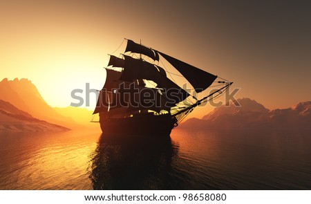Old ship with sails in the mist.
