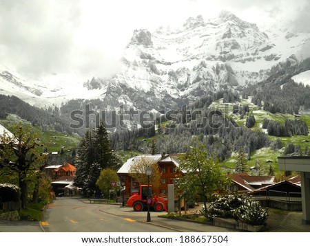 Village town mountains street in Adelboden, Switzerland.