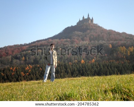 Man Hohenzollern castle hill nature landscape Germany.